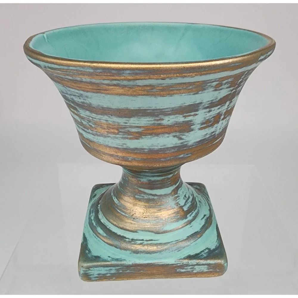 Stangl Pottery Planter Urn Turquoise Gold Ceramic Pedestal Vase EXC Vintage